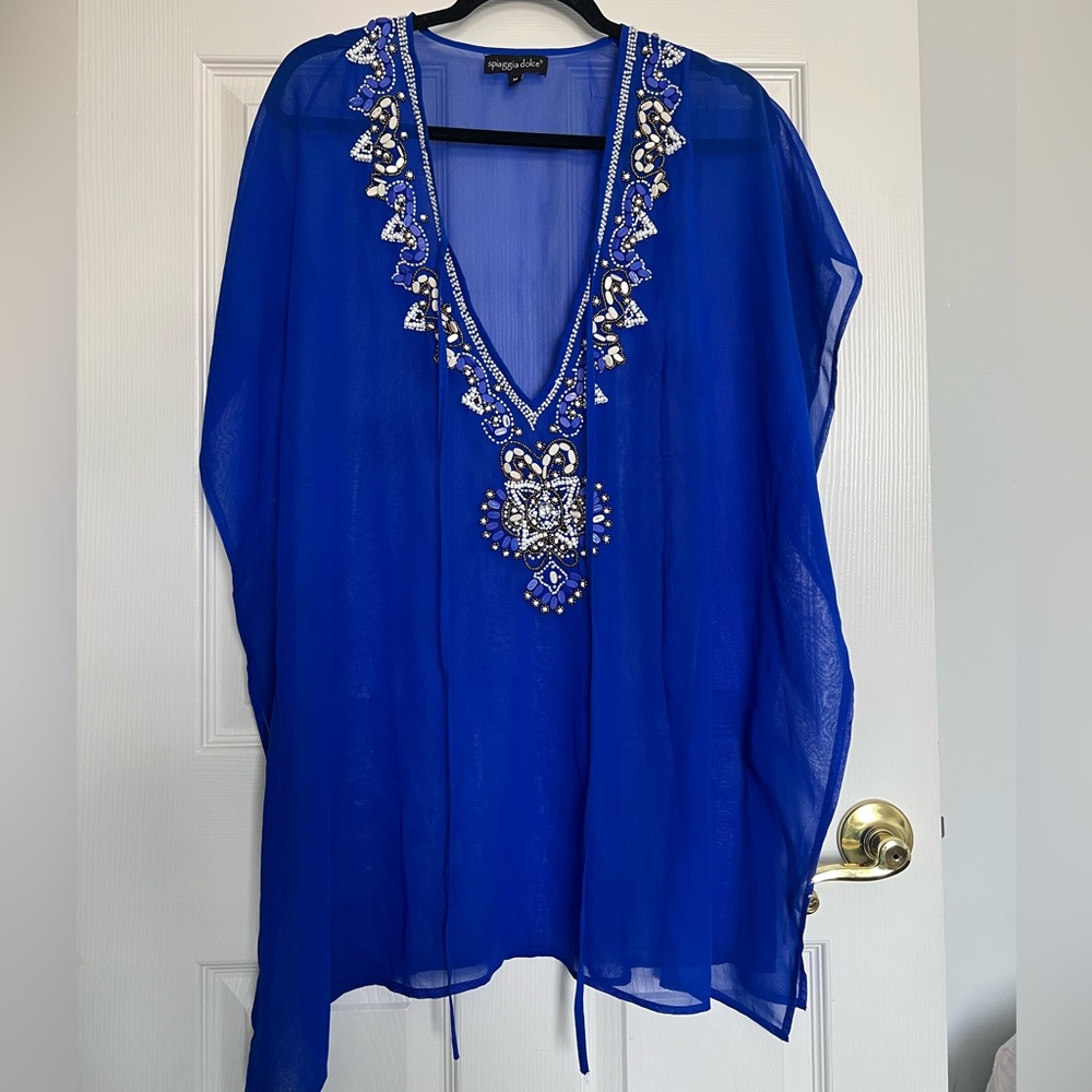 Beaded Blue Sheer Bathing Suit Cover Up